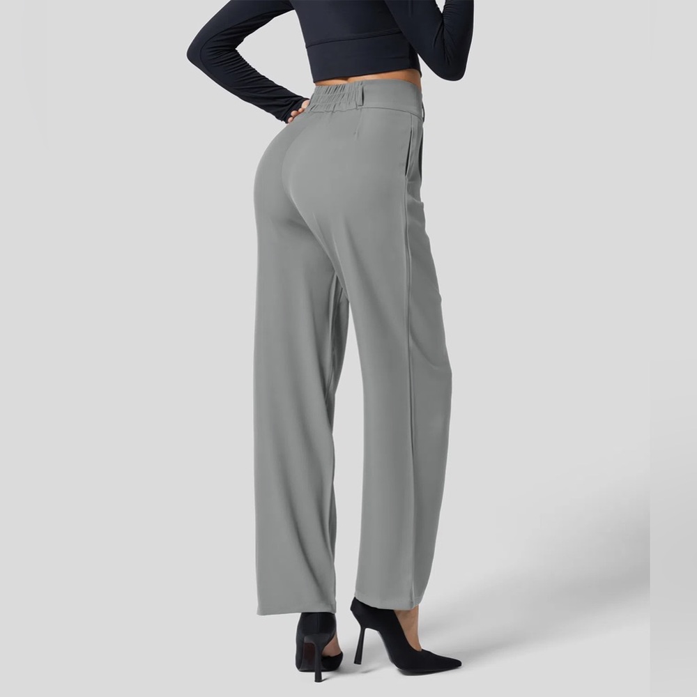 Halara High Waisted Button Zipper Side Pocket Shirred Straight Leg Work Pants 👖 - Picture 4 of 6